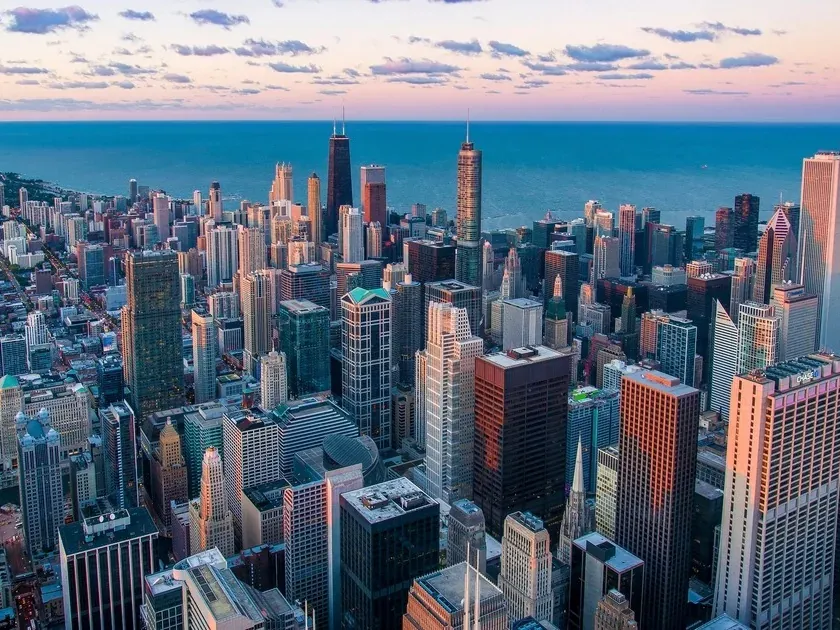 Aerial view over the dense high-rise blocks of the Chicago Loop