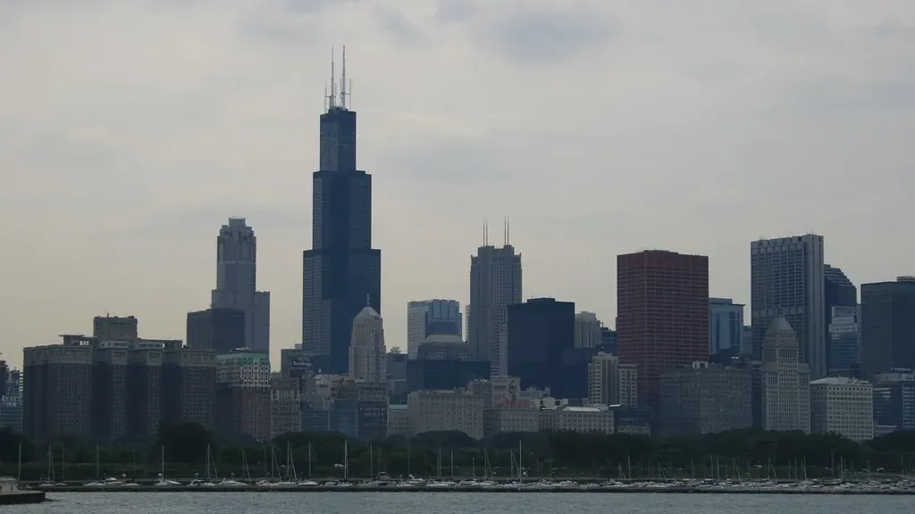 The Chicago skyline seen across Lake Michigan under an overcast sky