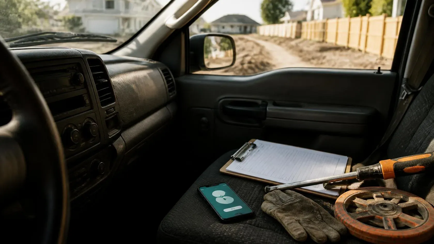 The inside of a contractor’s pickup truck with a phone ringing unanswered on the passenger seat beside an estimate clipboard