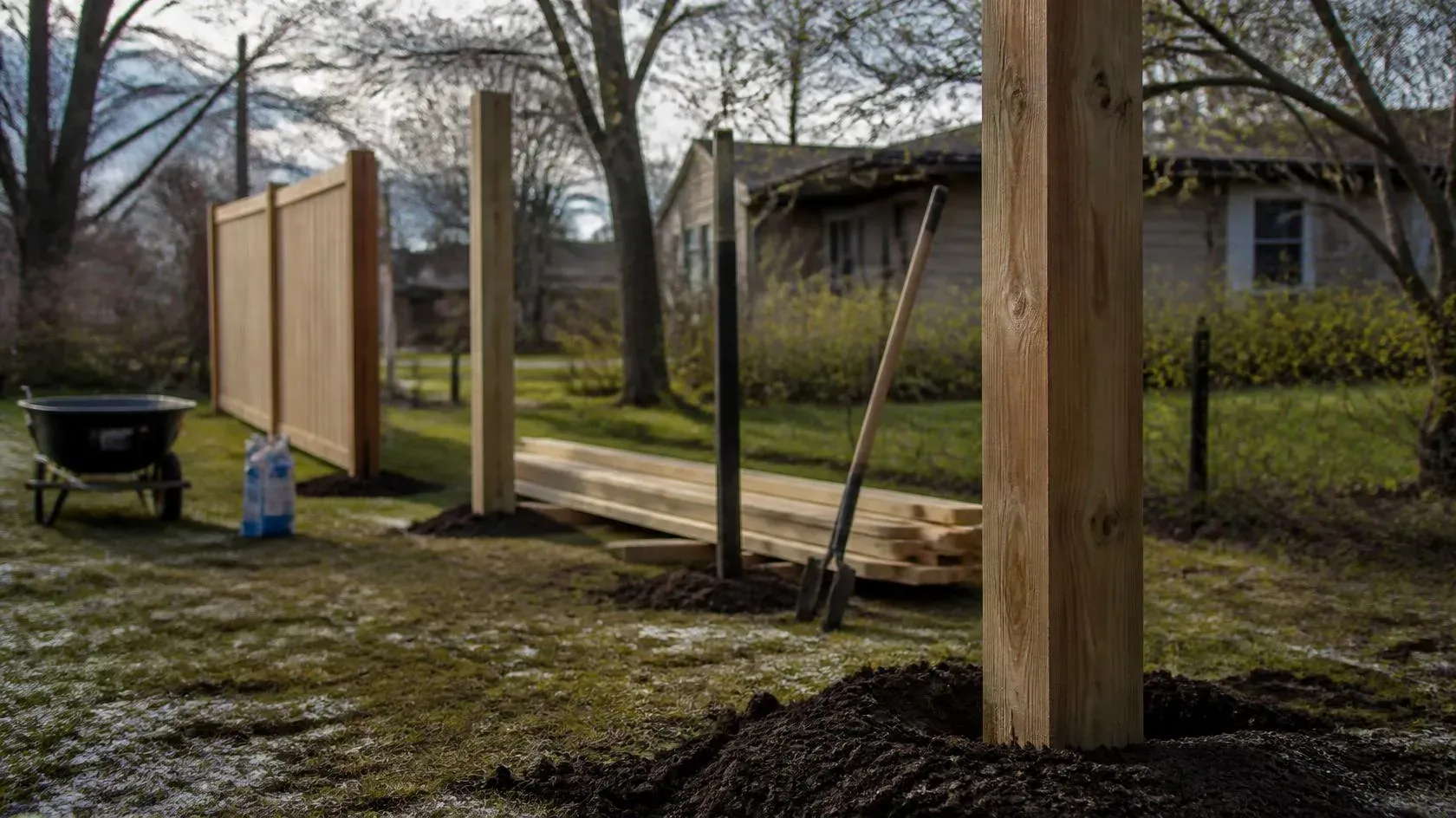 A half-built wooden fence in an Illinois backyard after the spring thaw, posts set in fresh soil with panels still to hang