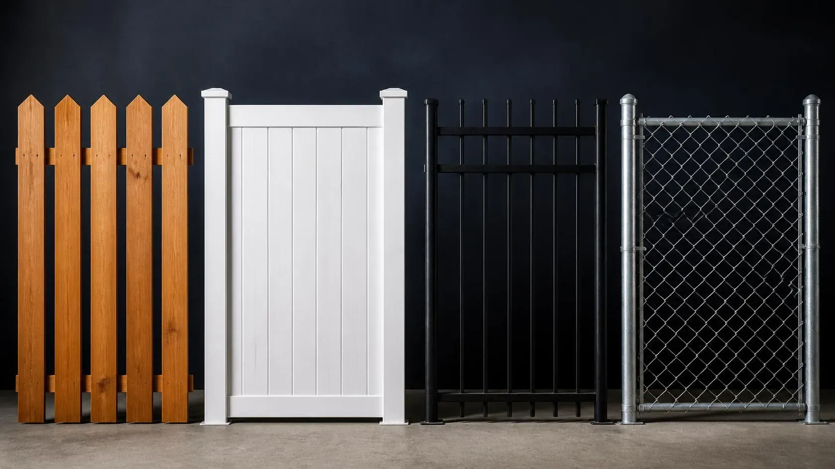 Cedar, vinyl, aluminium and chain link fence samples standing side by side against a dark studio backdrop