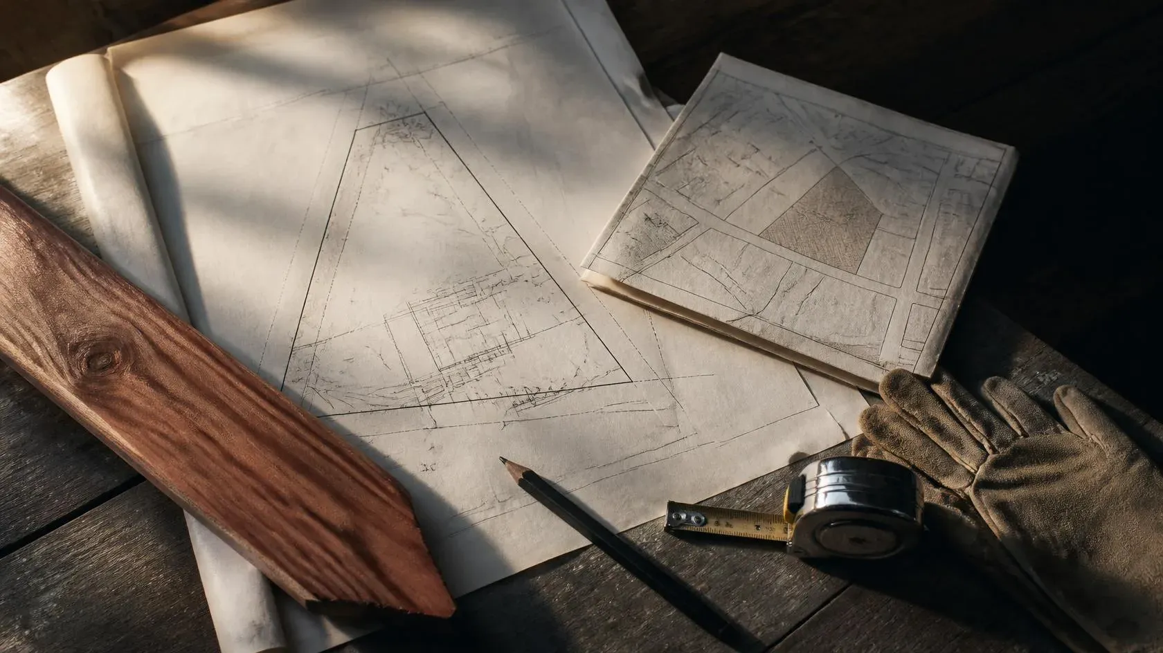 A property survey drawing and zoning paperwork spread on a workbench beside a tape measure and a cedar picket