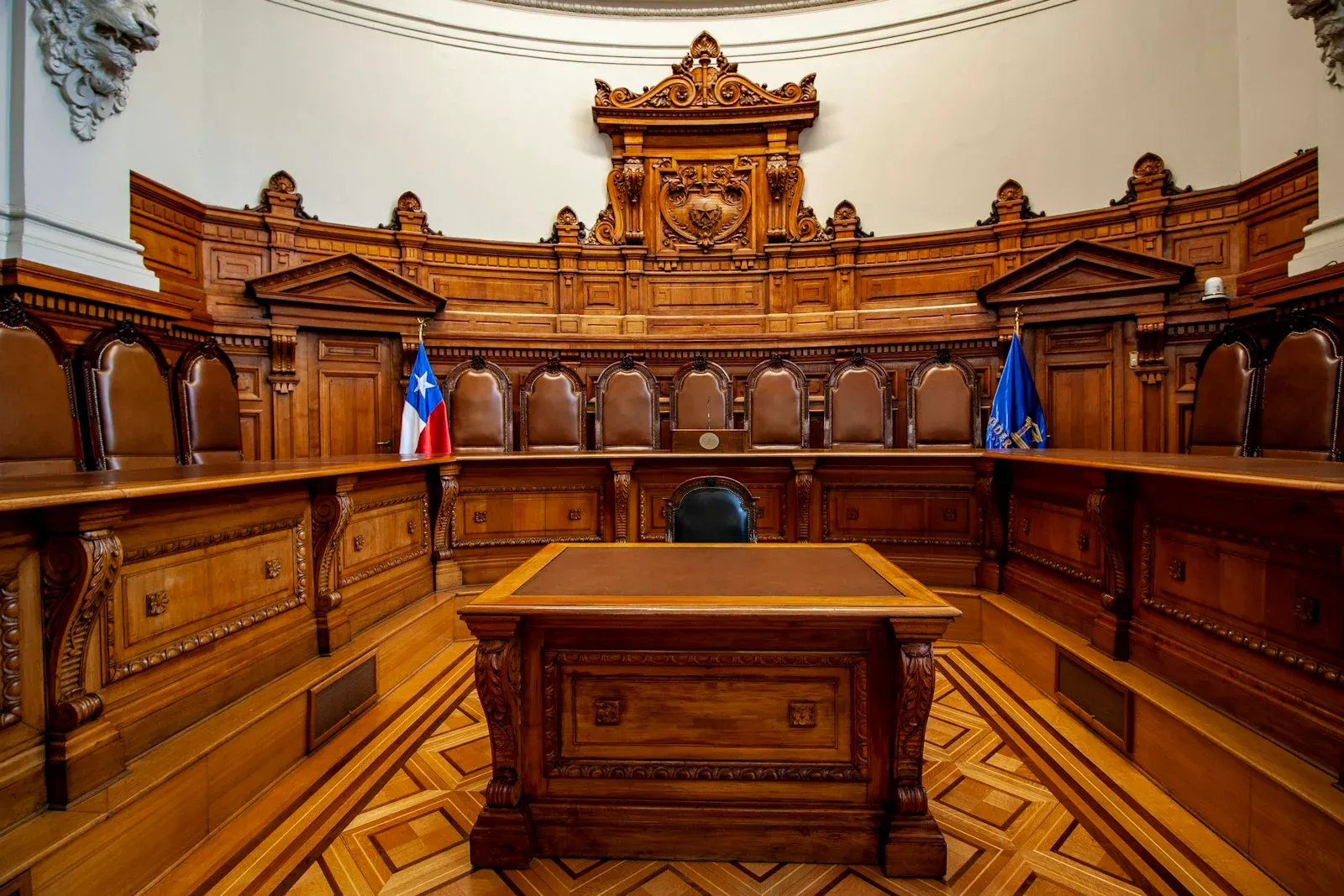 Wooden judge's bench and seating inside a courtroom
