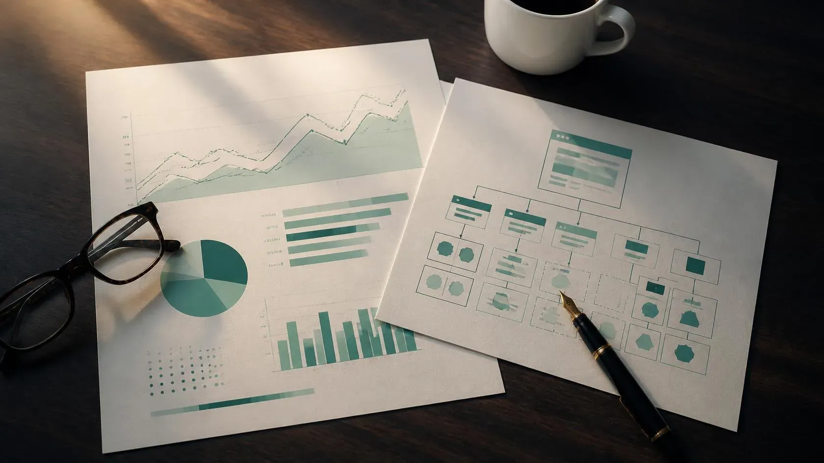 A printed analytics report with line and bar charts on a dark desk beside reading glasses and a coffee cup