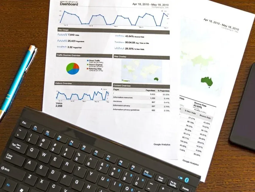 Printed performance reports with line and pie charts beside a keyboard and pen